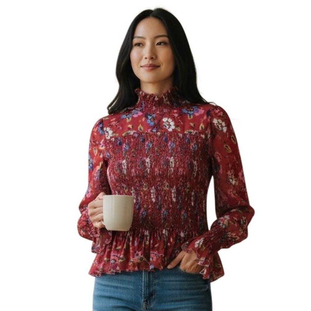 C&V Chelsea & Violet Multi Floral Print Long Sleeve Smocked Top Size S